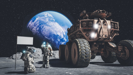 3d illustration. An astronaut is dandying the surface of Moon with a probe. - obrazy, fototapety, plakaty