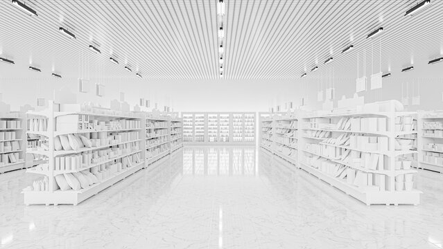 3D Rendering. Store interior supermarket with shelf shelves.