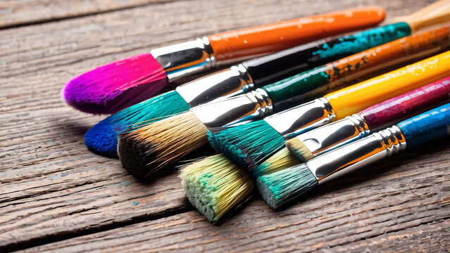 Several brushes filled with colorful paint