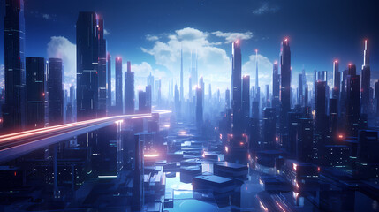 Obraz premium Panoramic night view of bustling city skyline and skyscrapers