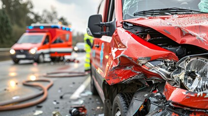 Urban winter day traffic accident scene with emergency response vehicle on city road