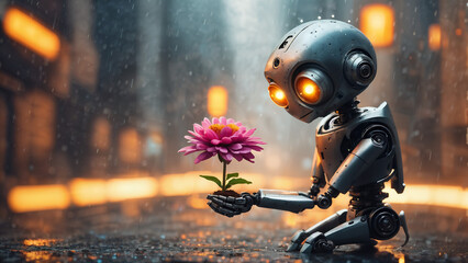 AI robot concept image holding a living flower generative ai