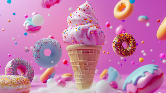 3d render style of ice cream in cone and falling donuts on pink background.