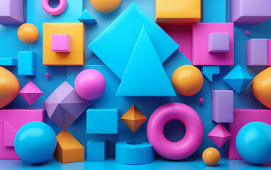 Creative 3d render styled background with vibrant colored geometric figures and shapes on the wall