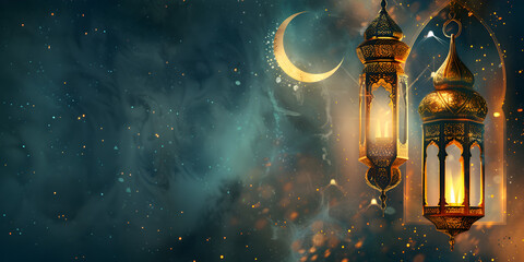 Islamic background in digital painting style with shining lantern on dark blurly sky background with  ramadan moon on it