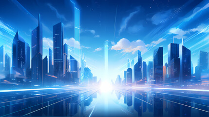 Panoramic night view of bustling city skyline and skyscrapers