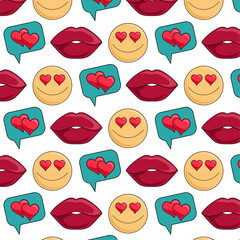 Seamless pattern in groovy style on a white background. Retro pattern with love signs. 00s pattern with lips, smiley face and chat icon.