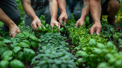 A cheerful group of individuals using garden shears to pick fresh herbs and vegetables from a lush organic garden. - obrazy, fototapety, plakaty