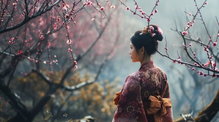 Ethereal Beauty: Chinese Woman in Traditional Dress Walking Among Spring Blossoms