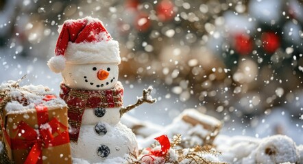 Fototapeta na wymiar Cute Snowman with Santa's Gifts: A Festive Christmas Wallpaper