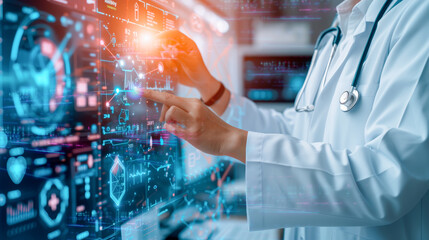 A doctor analyzes medical data on an advanced digital screen, showcasing innovative health technology. Medical Professional Interacting with Futuristic Healthcare Interface