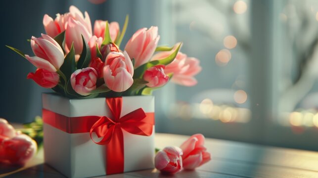 beautiful tulip color pink in the gift box near window,International women's day