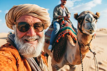 Senior man wearing a turban on a camel safari. Older people enjoying travel and life. - obrazy, fototapety, plakaty