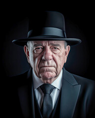 Close portrait, elderly Caucasian man, white skin, serious gaze, black suit, white shirt.