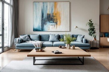 Fashionable Living Room Mint Colored Sofa Abstract Artwork 