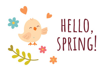 Hello spring! Bird with spring flowers. Cute vector illustration for spring design. Flat style vector illustration