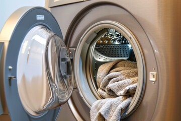Washing machine detailed view laundry hygiene equipment fresh clean garments clothing clothes appliance household chores cleaning washer modern bathroom housekeeping technology simple routine drying