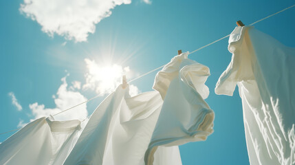 White sheets dry on a clothesline against the background of a blue sunny sky. Laundry day concept. Generative AI