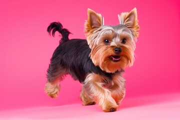 Yorkshire terrier puppy on a pink background in the studio