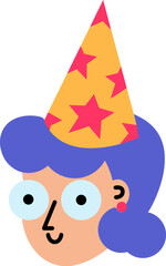 Fototapeta premium Party Fairy sorceress face in festive cap on head, birthday symbol. Simple style young girl in masquerade hat for design of children entertainment center. Color Stroke icon isolated on white back