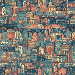 Obraz premium Abstract seamless pattern with buildings. Perfect for fabric, textile, wallpaper, kindergarten.