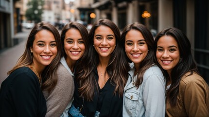 Fototapeta premium Five urban women posing happily together in a group 