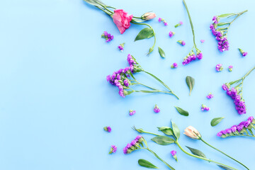 Top view image of pink flowers composition over pastel blue background .Flat lay