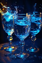 blue liquid will be sold in three glasses on black background