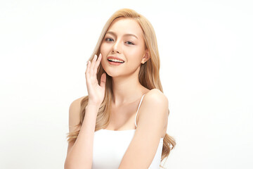 Obraz premium Beautiful young asian woman with clean fresh skin on white background, Face care, Facial treatment, Cosmetology, beauty and spa, Asian women portrait.