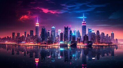Future city, neon lights and high-rise buildings - obrazy, fototapety, plakaty
