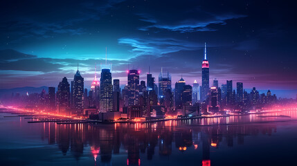 Fototapeta premium Future city, neon lights and high-rise buildings