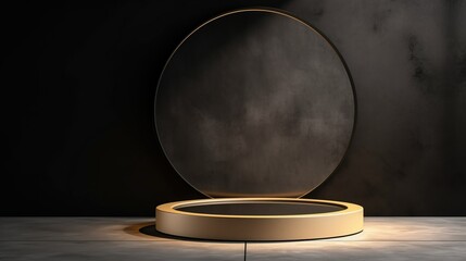 A modern round podium with golden edges on a dark textured background, ideal for showcasing cosmetic products