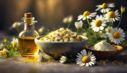 chamomile herbs for use in alternative medicine phytotherapy spa or herbal cosmetics preparing infusions decoctions or tinctures for powders ointments oil or tea bath - obrazy, fototapety, plakaty