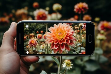 Photographing flowers with a smartphone. High technology in our daily life.
