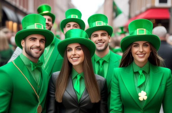 St.Patrick 's Day. A group of beautiful young guys and girls in green suits and hats celebrate St. Patrick's Day on the street.