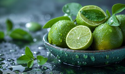 Fruit background with fresh lime fruits with leaves