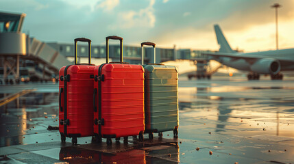 Fototapeta na wymiar Tourist fashion. Closeup shot of suitcases standing in an empty airport corridor, stylish luggage bags waiting in the terminal, air travel banner and vacation booking concept