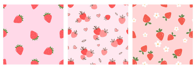 Seamless patterns with strawberry fruit, green leaf, cute flower and heart on pink backgrounds vector. Set of cute fruit print.