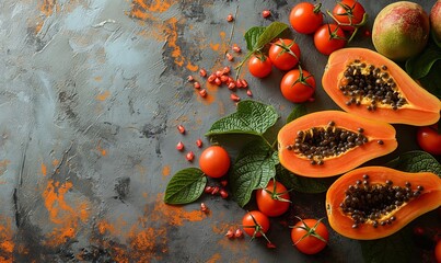Papaya fruits on a wooden table with leaves, fruit background.