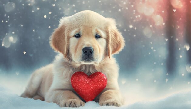 golden retriever puppy with red heart on a snowy background cute dog and valentine valentine s day greeting card love concept romantic banner copy space