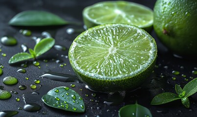 Fruit background with fresh lime fruits with leaves