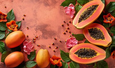 Papaya fruits on a pink table with leaves, fruit background.
