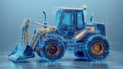 Blueprint Aesthetic- A blueprint-style drawing of a backhoe loader, showcasing its mechanical components with labeled technical lines and dimensions. Image generated by AI
