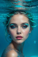 Surreal underwater portrait of a beautiful woman with blue highlights in a swimming pool or ocean. Natural summer and sea beauty concept.