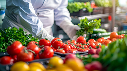 A chef carefully selects ripe tomatoes among a variety of fresh greens in a vibrant market. - obrazy, fototapety, plakaty
