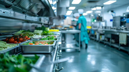 A bustling commercial kitchen with chefs preparing dishes and arranging fresh ingredients. - obrazy, fototapety, plakaty