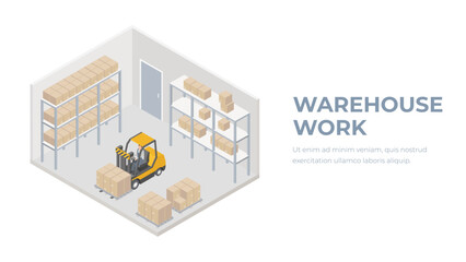 Isometric forklift lifting pallets and boxes. Parcels warehouse, logistics concept.