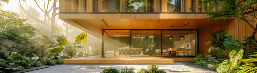 Modern eco-friendly house surrounded by a lush tropical garden at sunrise.