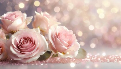 Obraz na płótnie Canvas soft roses banner or header design background in light pink tone with glitters and copy space