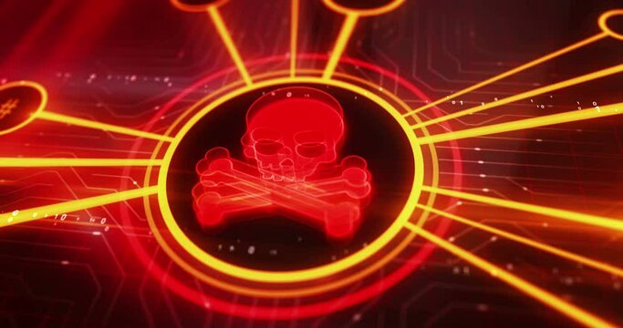 Cyberattack piracy and security breach with skull symbol digital concept. Cyber technology and computer network background abstract 3d animation.
